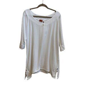 Oh My Gauze White Tunic Top Lagenlook Artsy Scoop Neck Buttons Womens Sz 1 Guazy